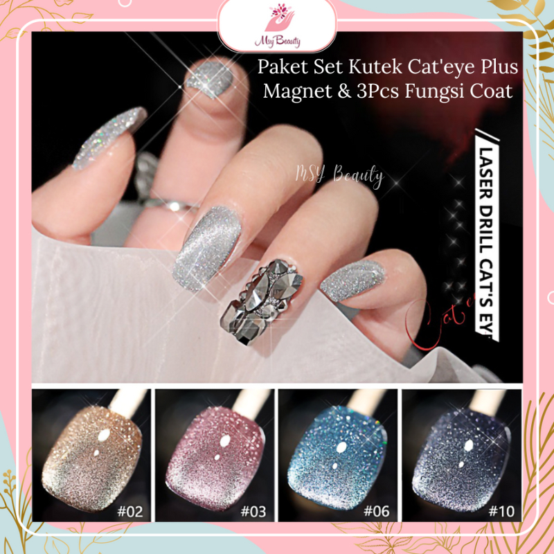 MSY Paket Kutek Cat'eye 12Color+3Pcs Fungsi Coat &amp; Free Magnet Stick 1pc/ Kutek Gel Laser Diamond Cat Eye UV LED Nail Gel 10ml/Nail Polish Gel Nail Art