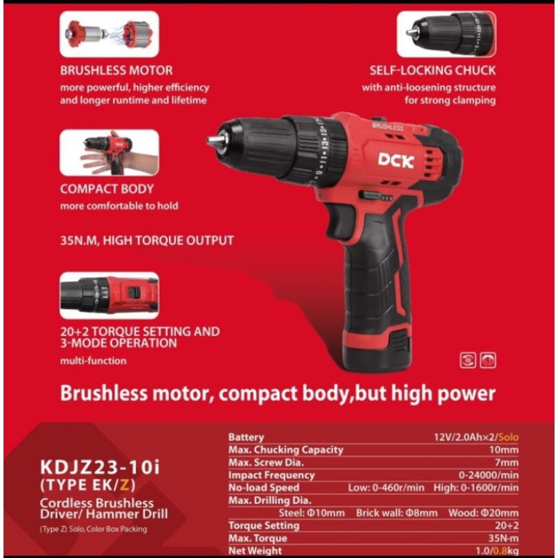 Brushless Hammer Drill Bor tembok baterai DCK-KDJZ23-10iEK 12V
