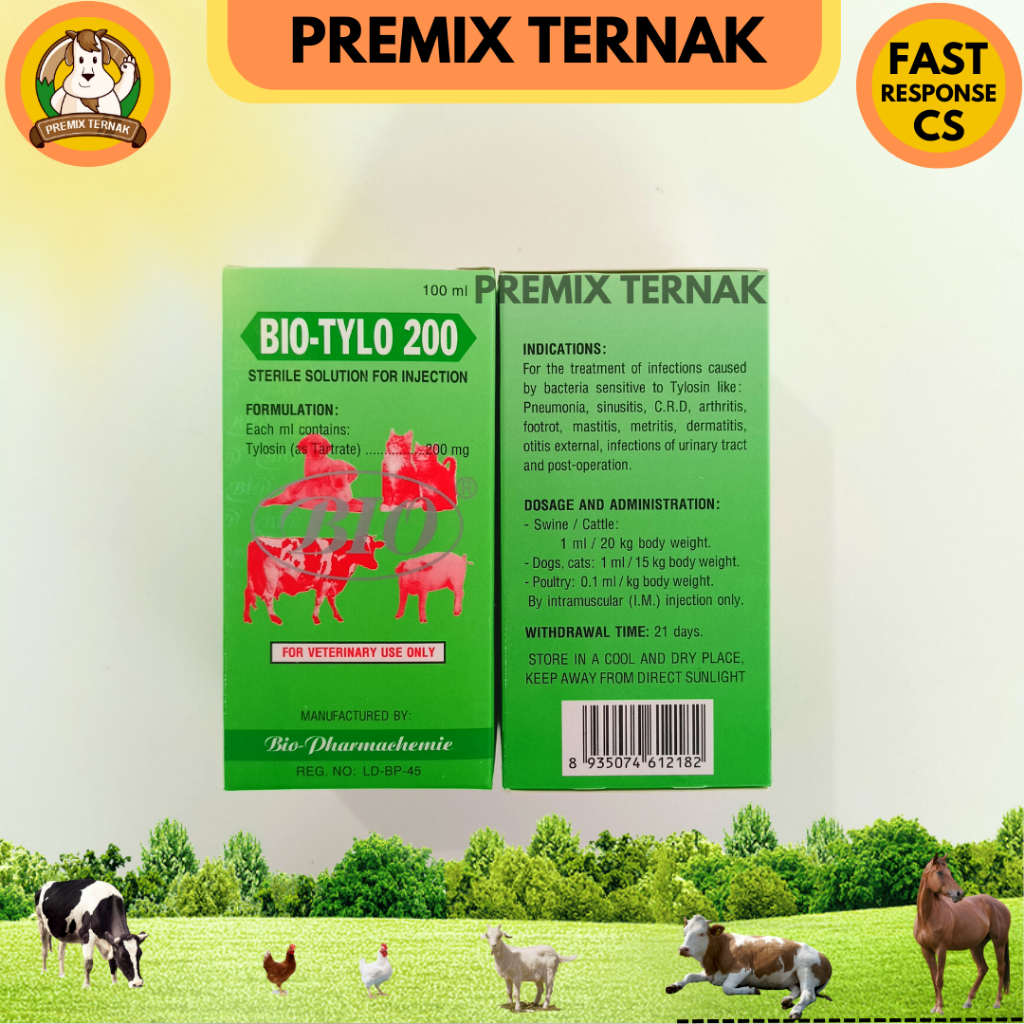 BIO TYLO 200 (TYLOSIN) 100 ml - Obat anti biotik pernafasan hewan Sapi kambing Domba Ayam babi - SEPERTI DUFATYLO TYLOCARE