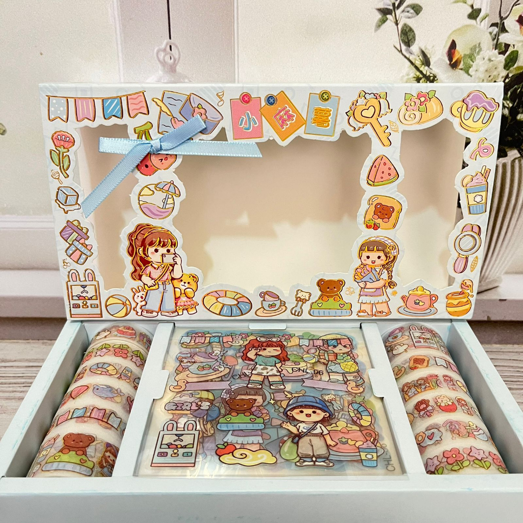 PAKET Box Sticker 5 lbr &amp;Washitape 12 roll CHL Cute Lucu Ready 3 Warna / Paket Boks Stiker Washi Tape bergambar  Imut Unik / Stationary Anak Kekinian Bisa COD