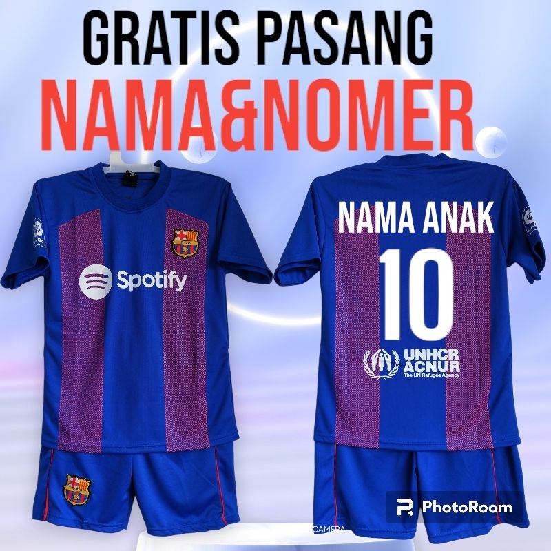 setelan Jersey BARCA home/setelan Jersey M U/SETELAN BAJU BOLA ANAK LAKI LAKI/GRATIS SABLON NAMA DAN NOMER PUNGGUNG