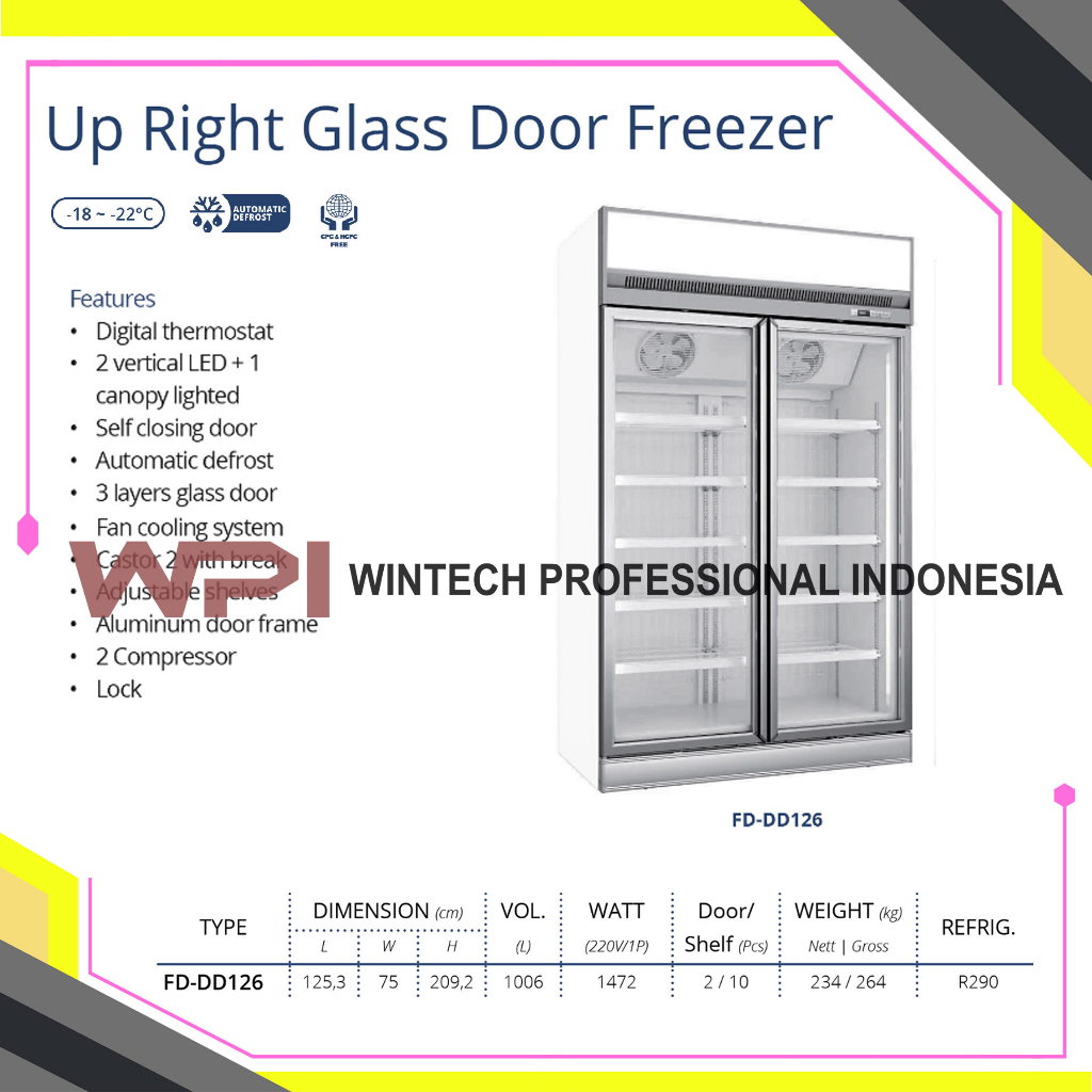 Gea FD-DD126 Up Right Glass Door Freezer - Freezer Showcase untuk Memajang Ice Cream, Frozen Food, Daging Beku 1006 Liter - Freezer Kaca Berdiri 2 Pintu 10 Rak - Freezer Automatic Defrost
