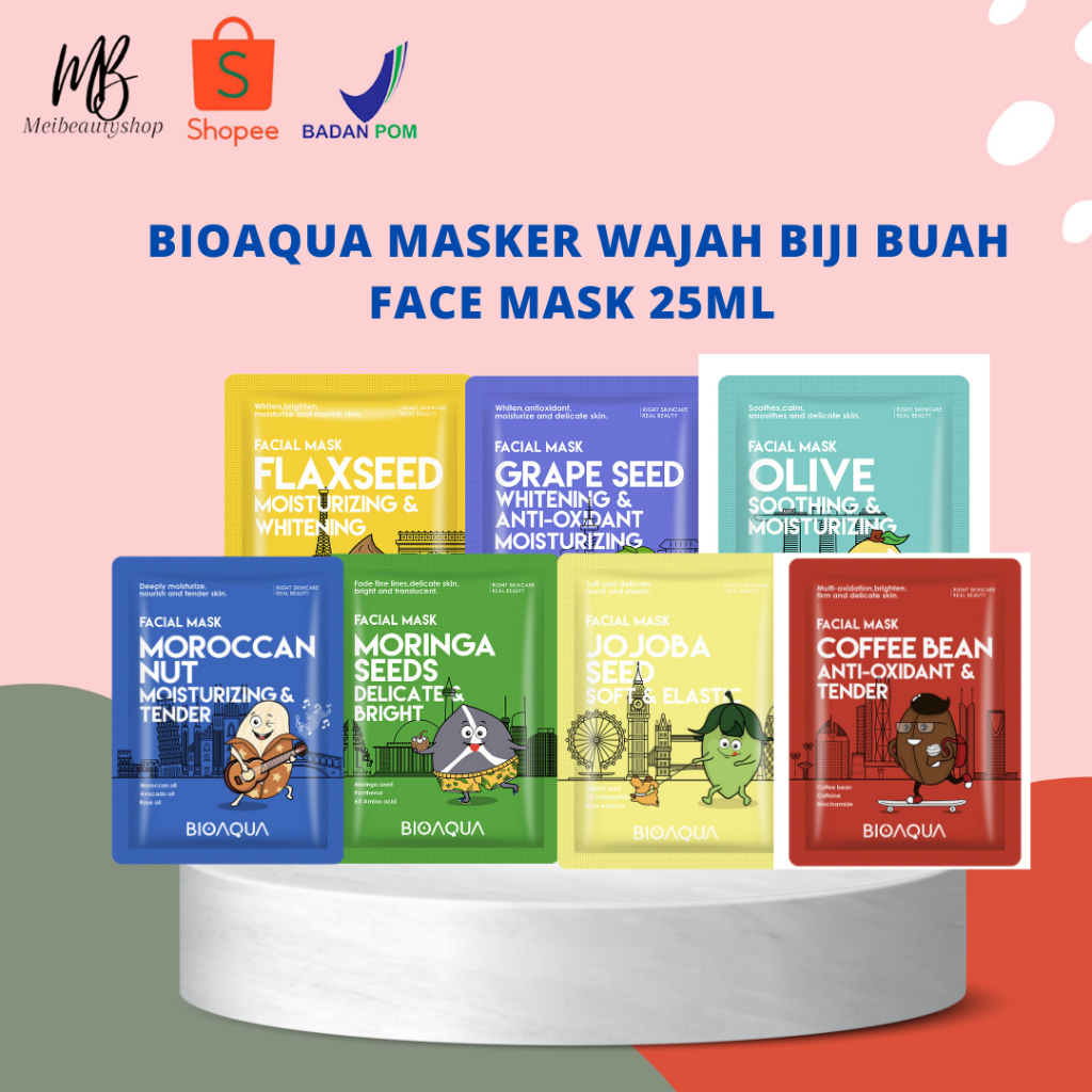 BIOAQUA Sheet Mask Masker Wajah Biji Buah Face Mask 25ml Grape Seed Whitening/Olive Soothing/Jojoba Seed Soft/Moroccan Nut