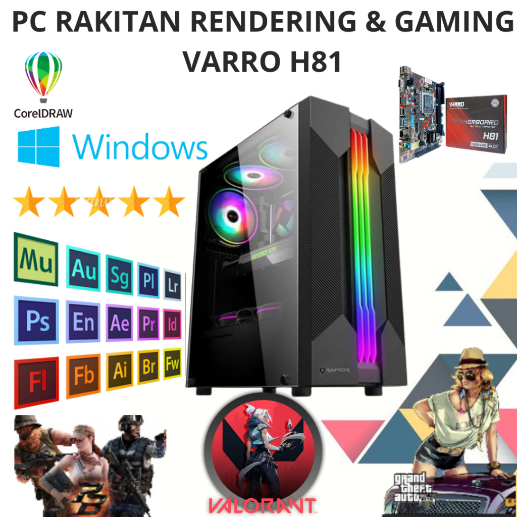 PC KOMPUTER RAKITAN RENDERING GAMING EDITING DESAIN INTEL CORE i5 4590 / 4590s MOBO VARRO H81 SSD NV