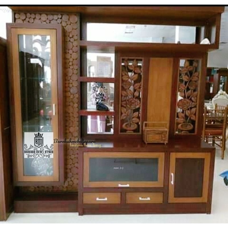 Bufet TV partisi jati 2 x 2 meter finishing warna kombinasi