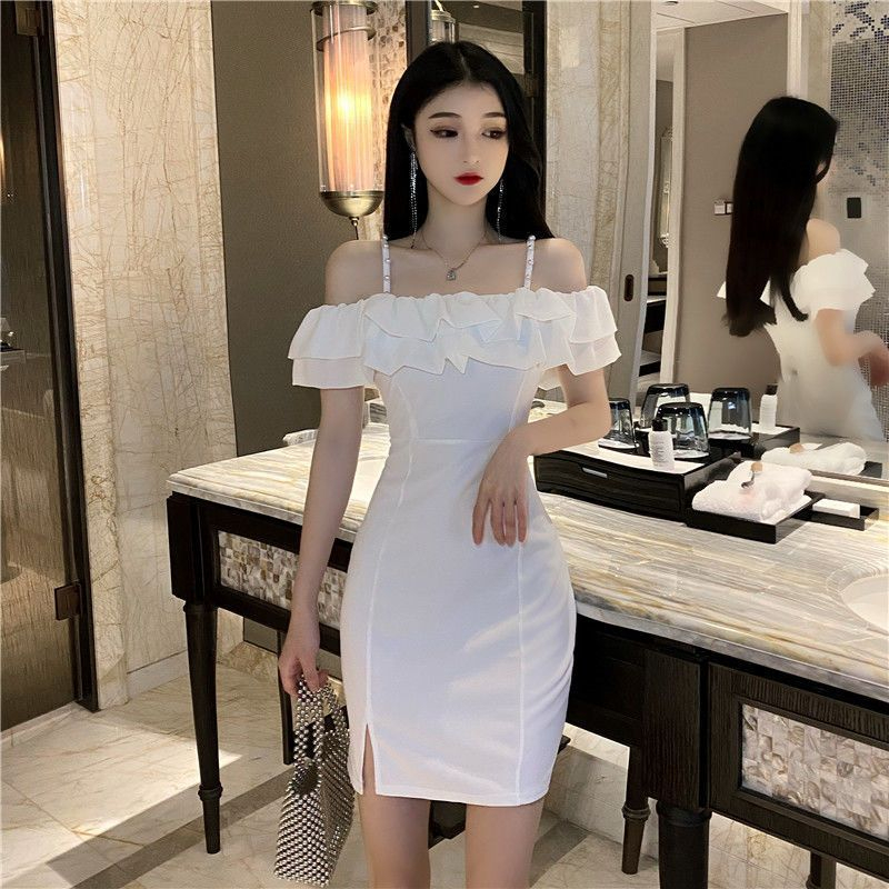 MA | REINE Dress | Pearl one-shoulder ruffled dress wanita import