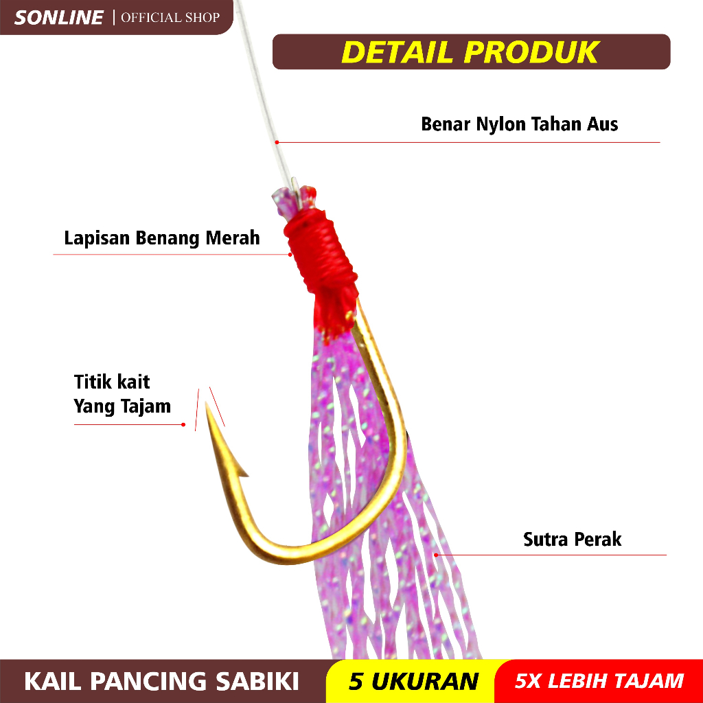 SONLINE Kotrekan Kail Umpan Pancing Sabiki Kail Umpan Gantung Sutra Perak Kail Jig Benang Pesca Bulu Baja Karbon Tinggi