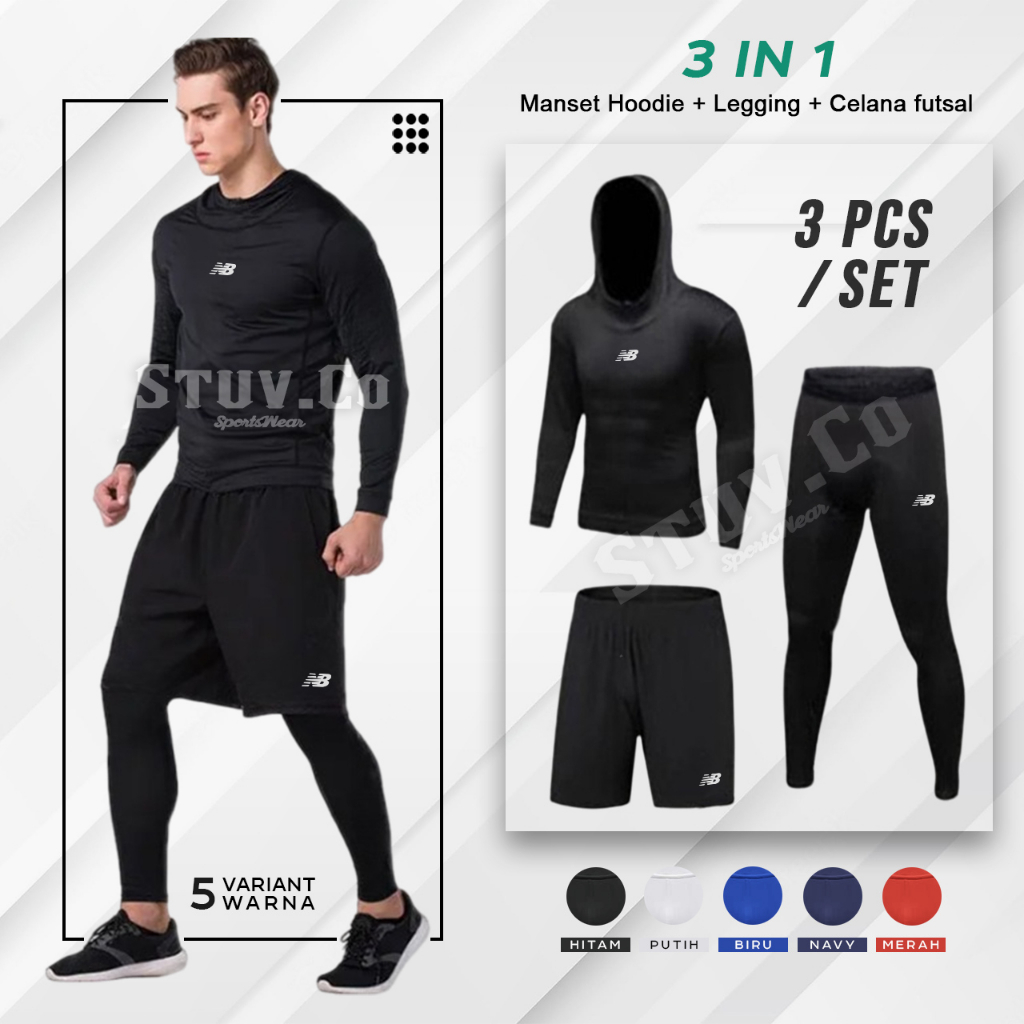 PAKET 3IN1 SETELAN BASELAYER OLAHRAGA MANSET HOODIE LEGGING PANJANG DAN CELANA DRY FIT FUTSAL SEPAKBOLA GYM FITNESS LARI BASKET MURAH