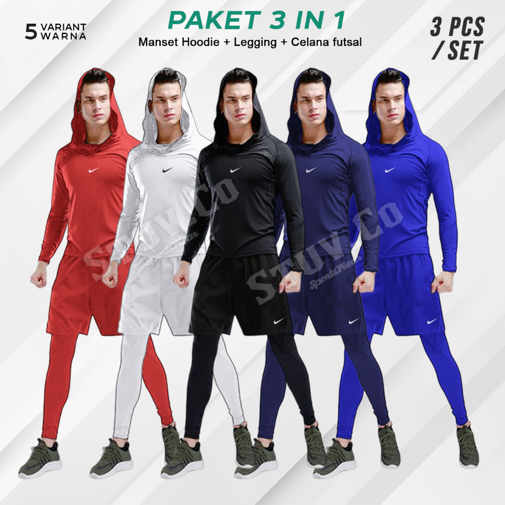 PAKET 3IN1 SETELAN BASELAYER OLAHRAGA MANSET HOODIE LEGGING PANJANG DAN CELANA DRY FIT FUTSAL SEPAKBOLA GYM FITNESS LARI BASKET MURAH