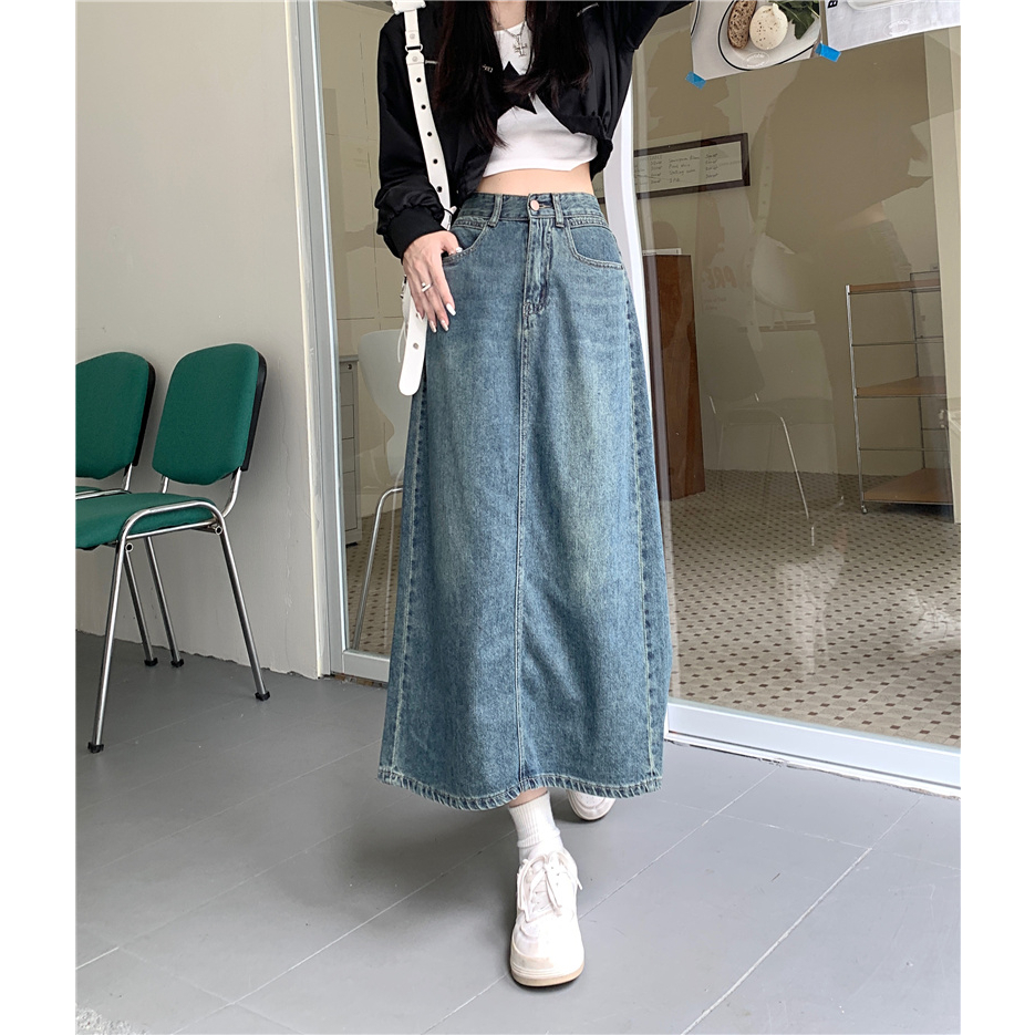 Emily Rok-Rok Midi Denim Fashion Rok A-line Highwaist Biru Retro