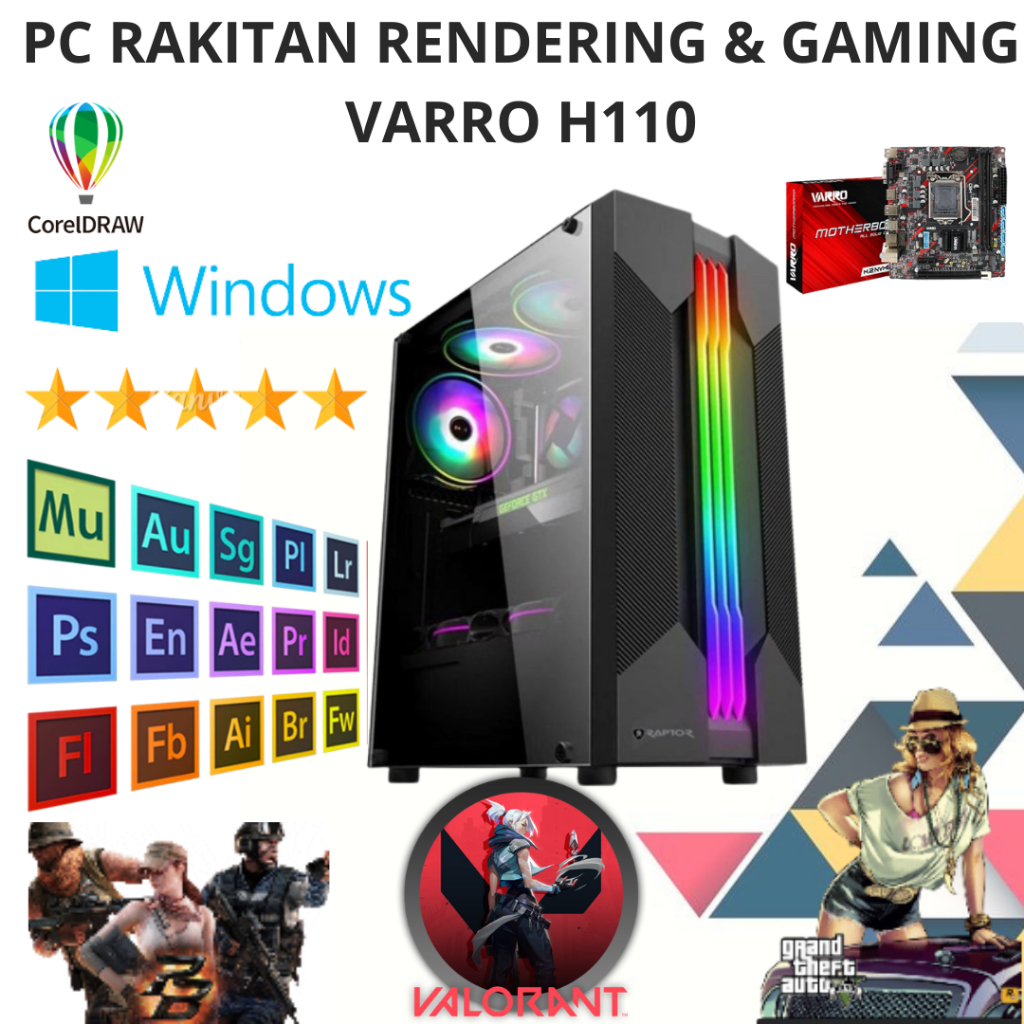 PC KOMPUTER RAKITAN RENDERING GAMING EDITING DESAIN INTEL CORE i5 6400 / 6500 MOBO VARRO H110 SSD NV