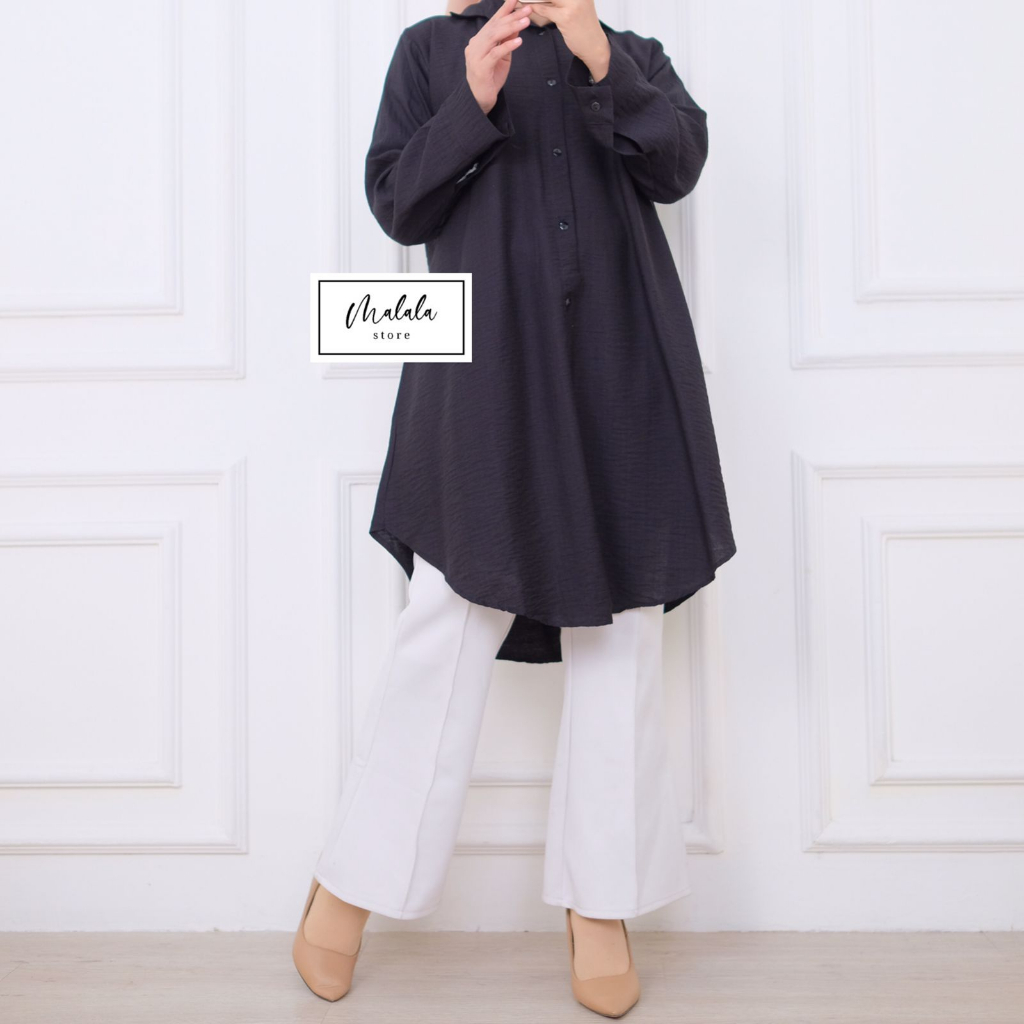 Long Tunik Atasan Wanita Katun Linen Polo Polos Premium