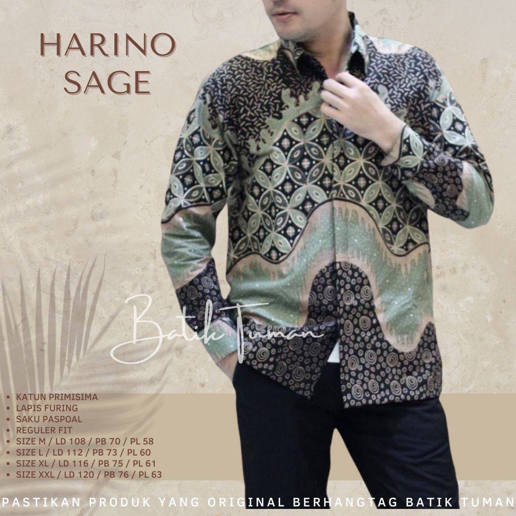 HARINO GREEN SAGE PASTEL Kemeja Batik Pria Warna Green Sage Pastel Bahan Katun Primisima Halus Kemej