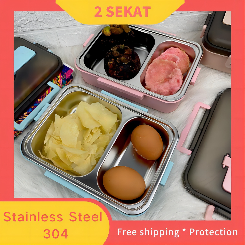 Kotak Makan Stainless Steel 304 - 2 SEKAT - 3 WARNA Tahan Suhu Tempat Makan Lunch Box Anti Karat