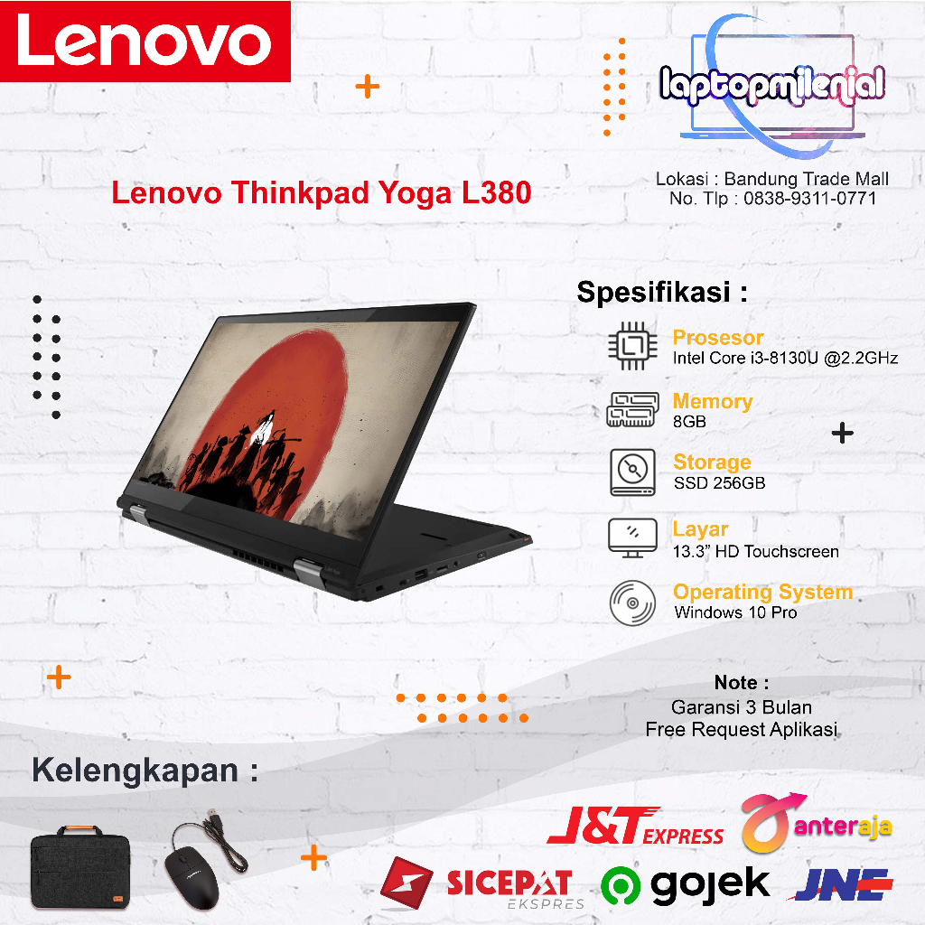 Laptop 2 in 1 Lenovo Yoga L380 Intel Core i3-8130U Ram 8GB SSD 256GB 13.3&quot; Flip 360 Touchscreen Siap Pakai Bergaransi