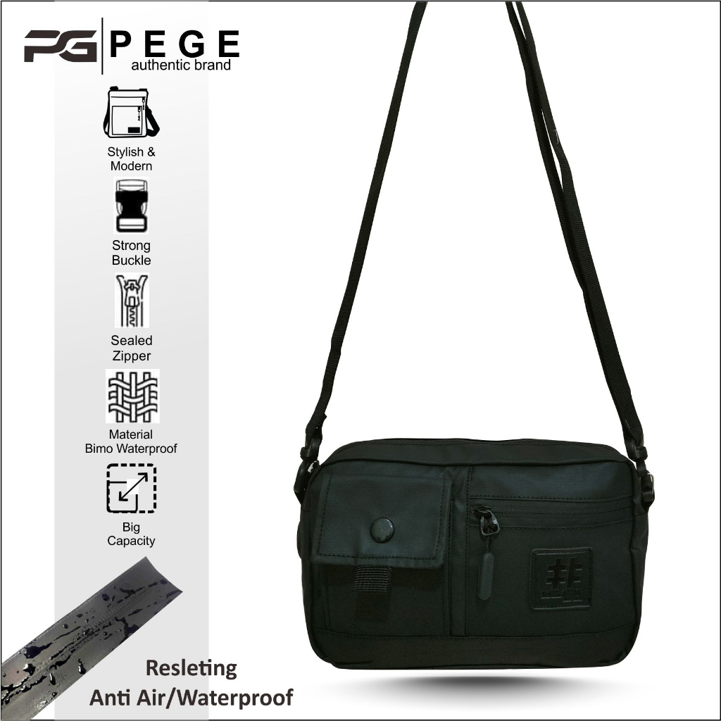 Tas Selempang Pria Waterproof bahan Bimo Slingbag AntiAir PEGE Shiroi Model 2in1 Bisa Slempang Dan Pouch  - PG 8964