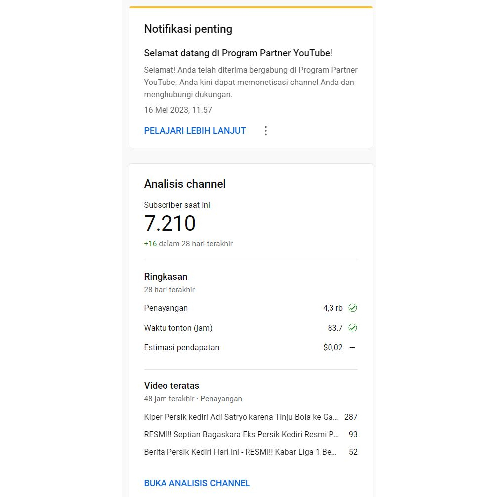 Dijual Akun Channel Youtube Grade A Monet 7.200 Subcriber - jual channel youtube monetasi