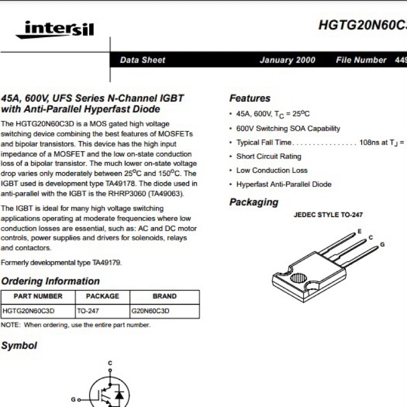 IGBT HGTG20N60C3D G20N60C3D