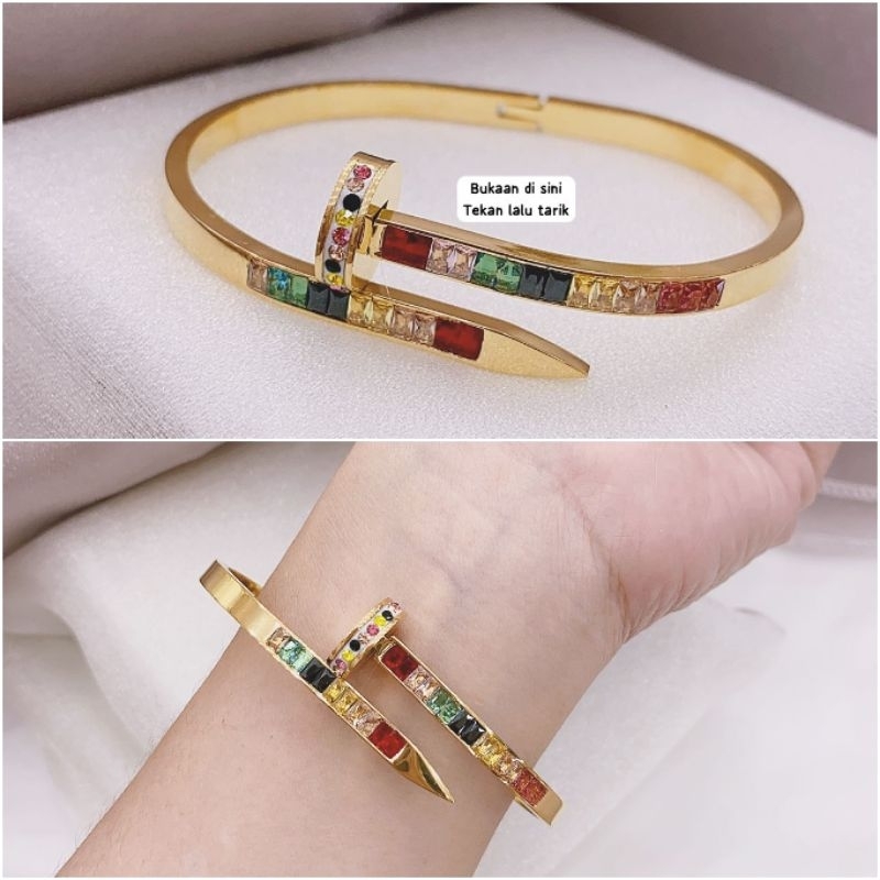 Gelang  Titanium asli mata kilau CART13R Rainbow Stainless Steel branded band 087