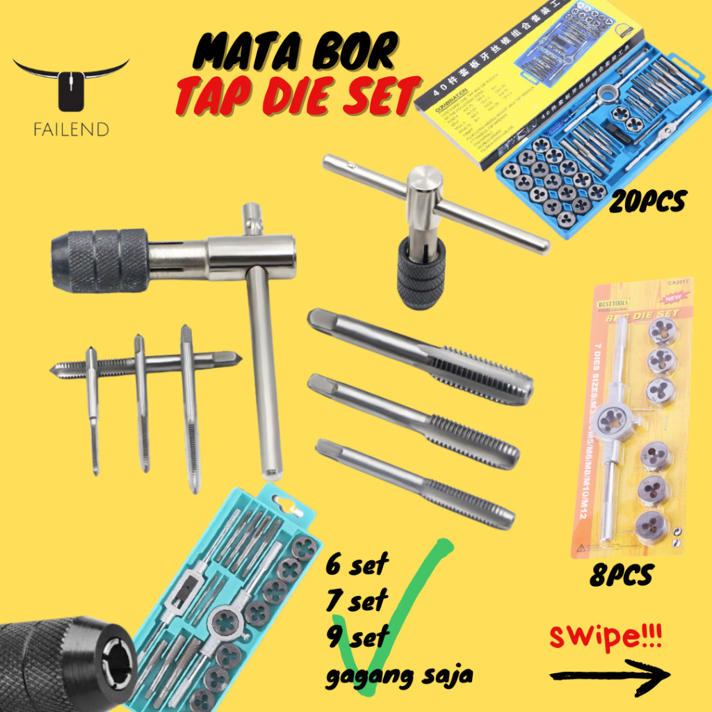 Mata Bor Hand Tap Die Set - Pembuat Ulir Sekrup dengan Tap Wrench Original