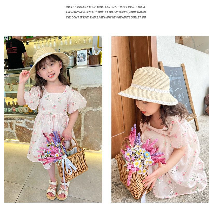 Dress Anak Perempuan Motif Bunga Mawar Pink Square Neck Pinggang Mutiara