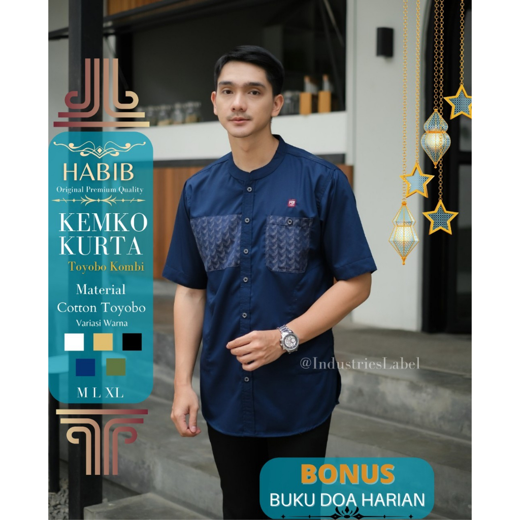 HABIB MUSLIM KURTA ORIGINAL Koko kurta baju muslim pria kombi lengan pendek warna navy blue seri art OXTP05