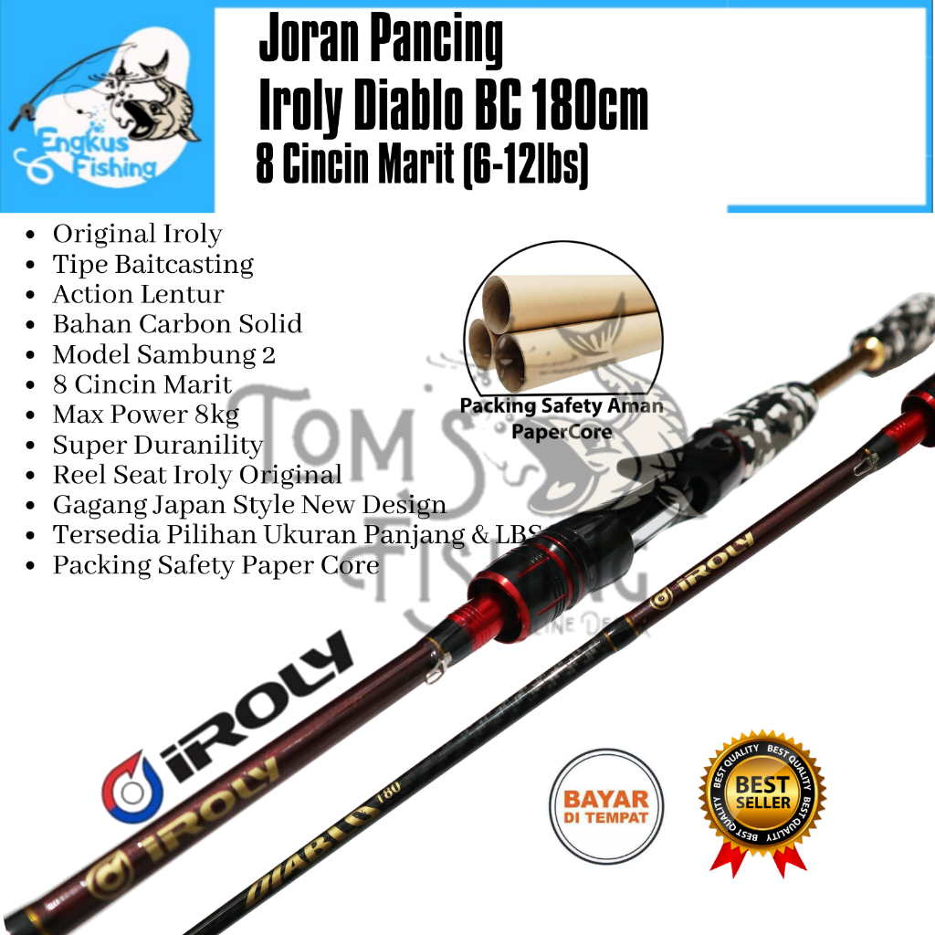 Joran Pancing Iroly Diablo BC 180cm / 198cm Baitcasting (8 Marit) Carbon Solid Lentur - Engkus Fishing