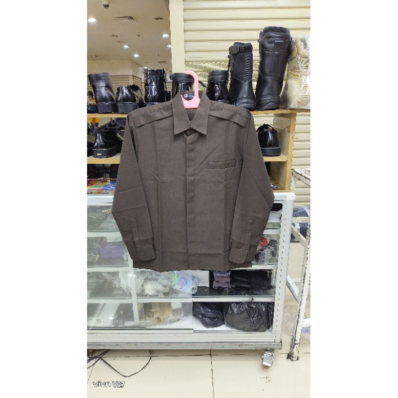 Setelan Safari Paspampres coklat panjang, seragam safari satpam warna coklat panjang bahan semi wol 