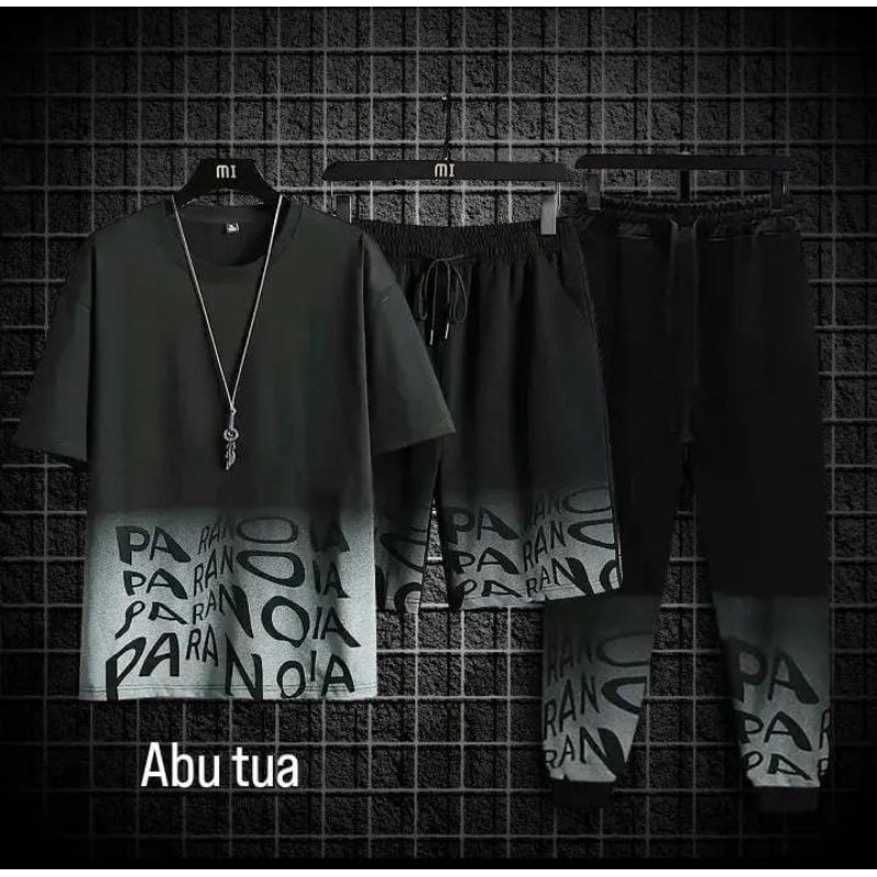 STELAN ( PARANOIA ) STELAN PRIA DEWASA 1 SET KAOS DISTRO + CELANA PENDEK + CELANA PANJANG JOGGER MODEL TERBARU