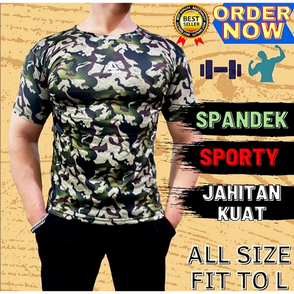 Kaos Gym Press Body Lengan Pendek Pria Motif Loreng Army Bahan Spandek Ketat