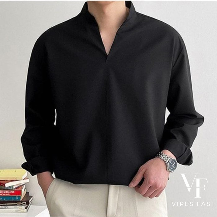 Kemeja Pria Basic Lengan Panjang Original Kerah V Neck Kasual