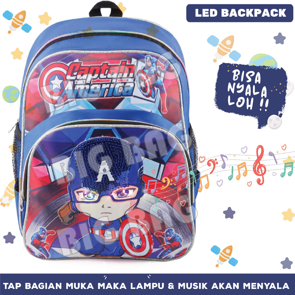 PTS - Ransel Sekolah Anak Cowo / Laki Laki CAPTAIN AMERICA HALF WAYS - CHILDHOOD - RANSEL LED MUSIC - LED BACKPACK