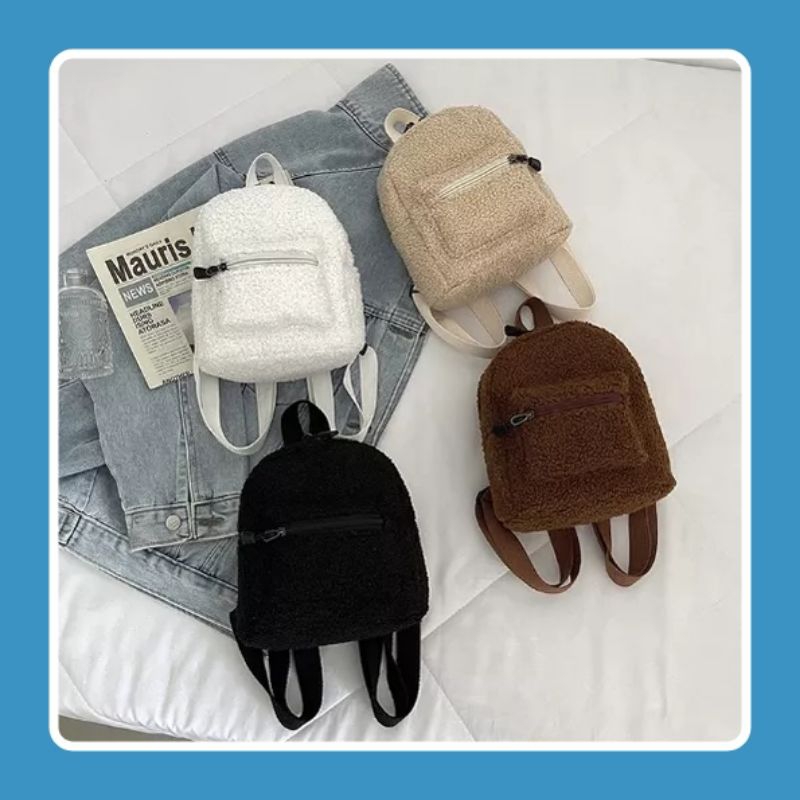 EMOEMO-Tas Ransel Mini Bulu Halus Wanita Remaja Tas Backpack Perempuan Anak Fashion Korea Trend