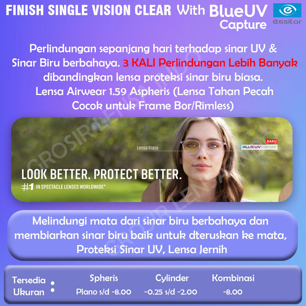 Lensa Kacamata Essilor stok FSV 1.59 Airwear Blue uv Capture by ESSILOR