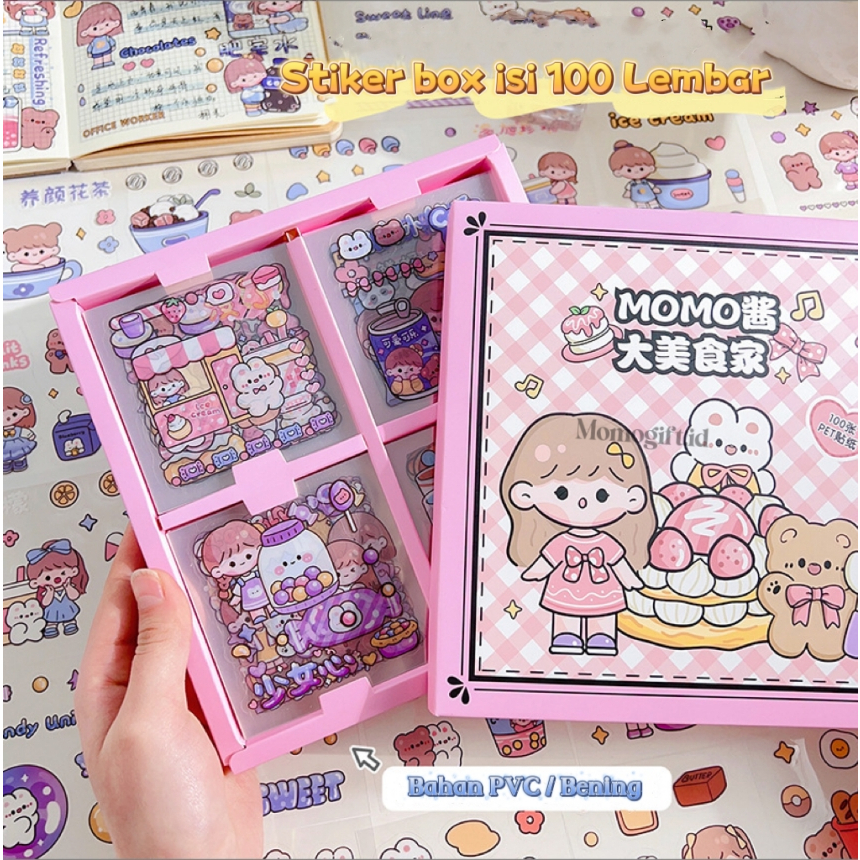 Stiker Box MOMOJAN 2D Aesthetic Decor Jurnaling Lucu Sticker Korean Style Anti Air isi 100 Lembar