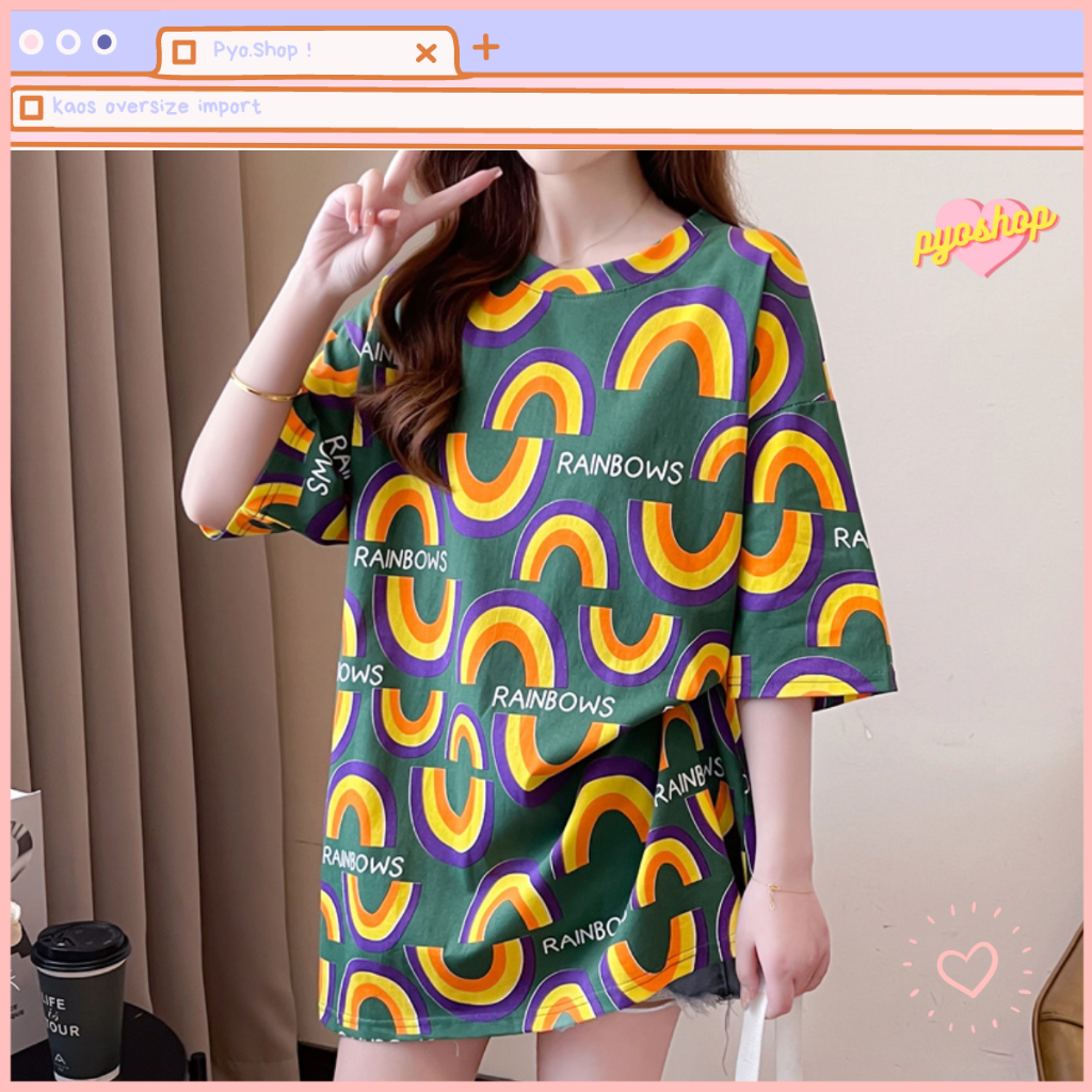 Oversize Tee Tshirt Kaos Import Longgar Lengan Pendek Motif RAINBOWS