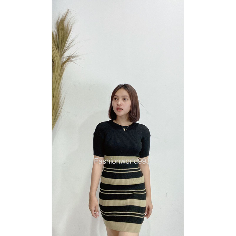 Dress Bodycon Knit Wanita Dress Rajut Salur Tebal