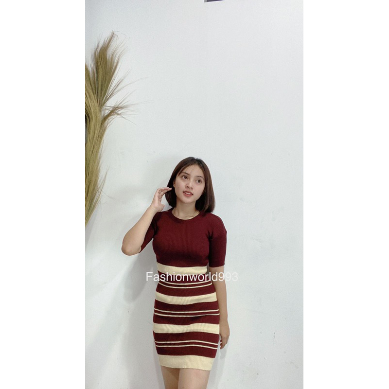 Dress Bodycon Knit Wanita Dress Rajut Salur Tebal