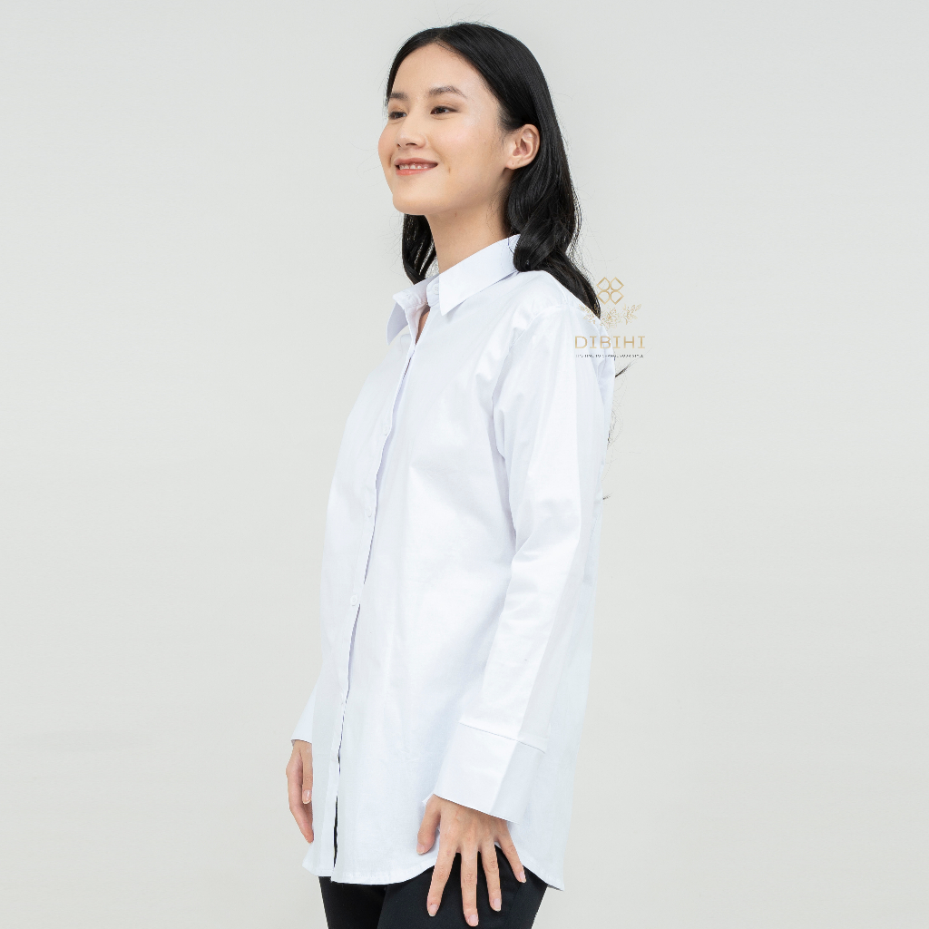 Dibihi Shirt Kemeja Putih Polos Wanita Lengan Panjang Bahan Katun Stretch