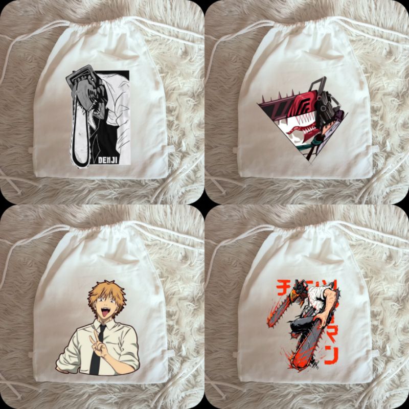 Tas Serut Putih Denji Chainsaw Man Anime Bahan Kanvas Premium Tebal / Tas Serut Putih Anime Chainsaw