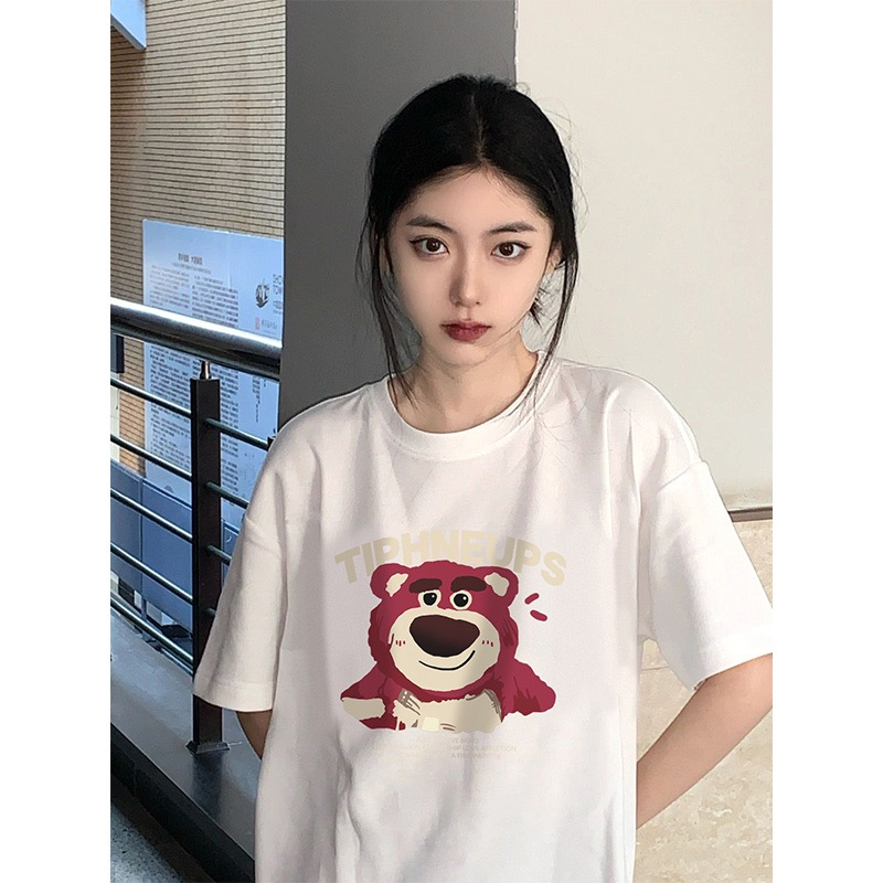 Oversize Cartoon Cute Bear Kaos Hitam Atasan Wanita Lengan Pendek Oversize Printed T-shirt/atasan wanita kekinian