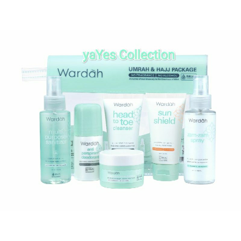 Paket Umroh &amp; Hajj Wardah Package Set Kecantikan Free booklet panduan haji dan umroh Tas Serut Zam zam Botol Bottle Cleanser Sabun Pembersih muka Deodoran Deo Ketek UV shield Sunscreen Moisturizer Pelembab Krim Wajah Sanitizer