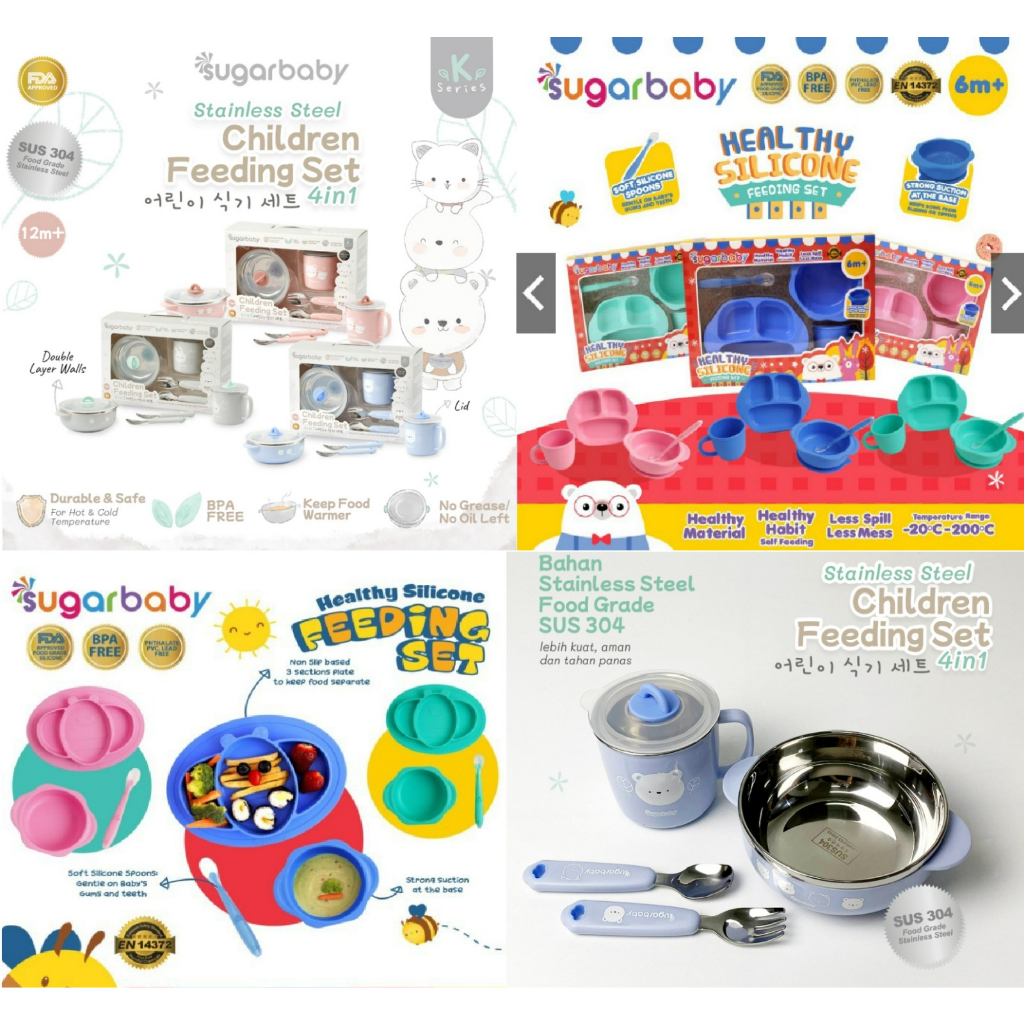 Sugar Baby Healthy Stainless / Silicone Feeding Set / perlengkapan makan bayi MPASI isi 3Pcs dan isi 4pcs 6m+