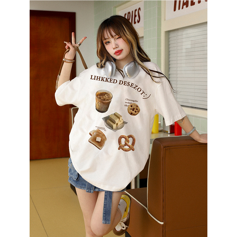 baju kaus oversize wanita lengan pendek korean style motif graffiti print T-shirt import kaos cream