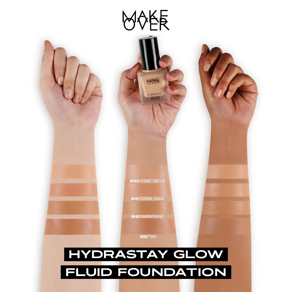 MAKE OVER Hydrastay Glow Fluid Foundation Indonesia / Liquid Foundation 35ml / 24 Hours Hydration Medium Buildable Coverage Water Light Texture / Designed For Dry Skin 24H Hydration Effect Smooth Glow Finish Cosmetic Series / Tint Blush Cushion Powder Lip