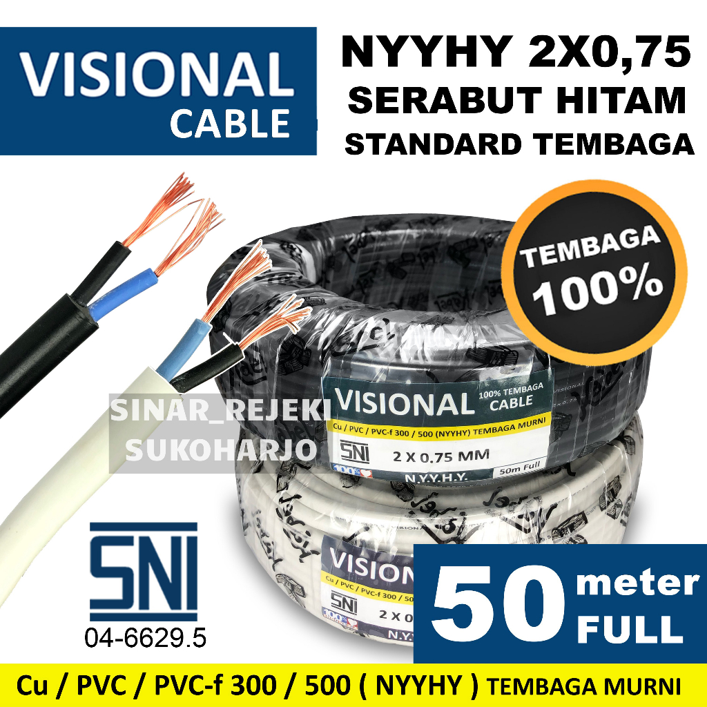 Kabel Listrik NYYHY NYMHY Serabut Tembaga 2x0,75 1 ROLL 50 METER FULL 2x0.75 NYY HYO Kabel Hitam Putih Tembaga Asli