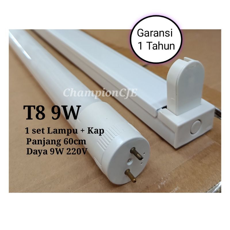 Lampu T8 TL LED 9W + Kap Set Komplit 60cm 220V