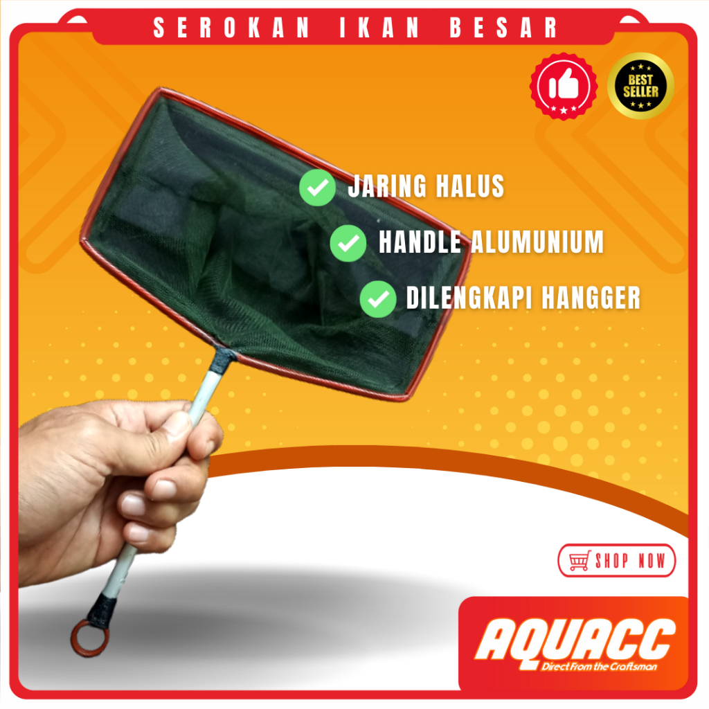 Serokan Ikan Jumbo Seser Ukuran Besar Kotak 20 cm Gagang Handle Alumunium Jaring Halus Premium