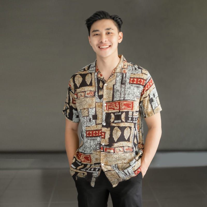 Kemeja Motif Pantai Bahan Rayon/Kain Jatuh,Hem Pantai Rayon Lengan Pendek