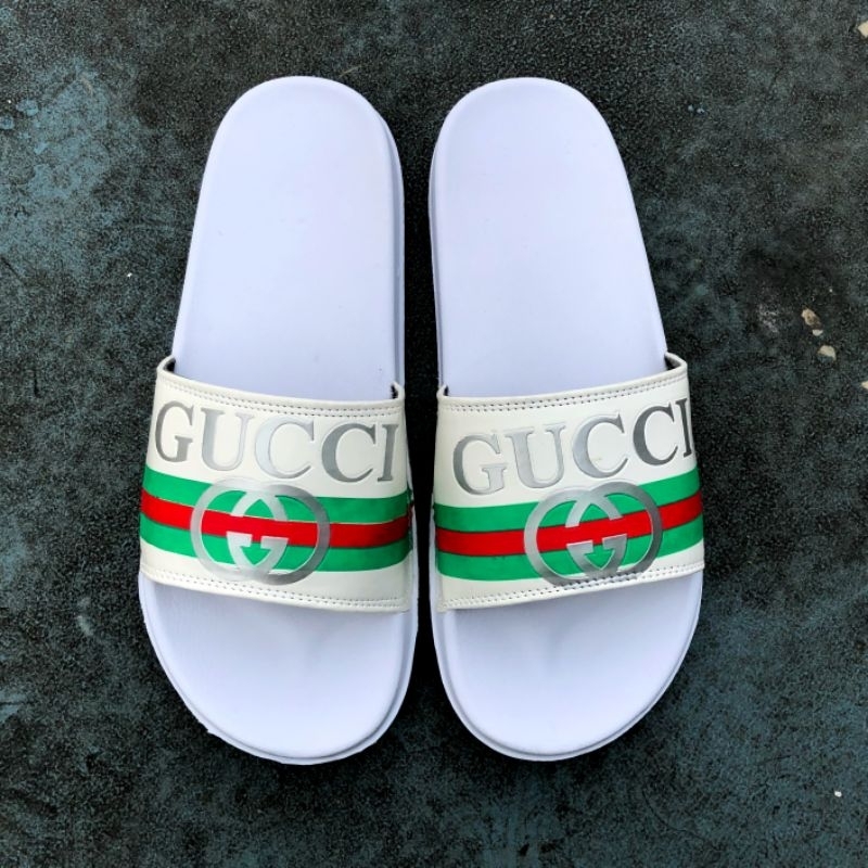 GUCCI SANDAL GRADE ORI VIETNAM, SANDAL PRIA SLIDE GUCCI LOGO PUTIH, SANDAL GUCCI PUTIH